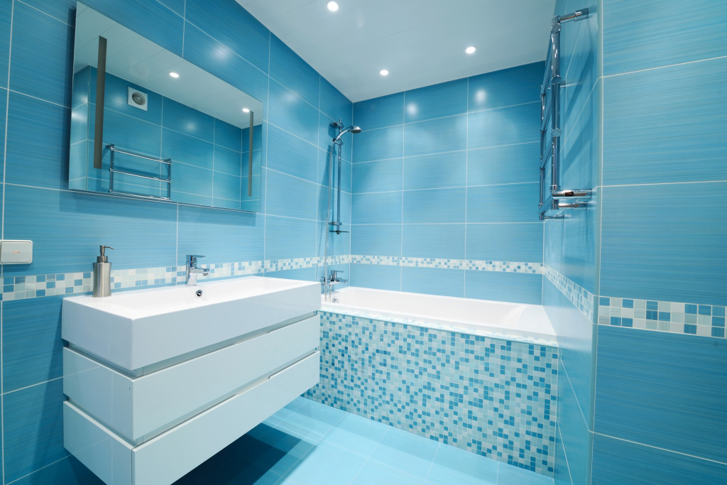 a blue bathroom